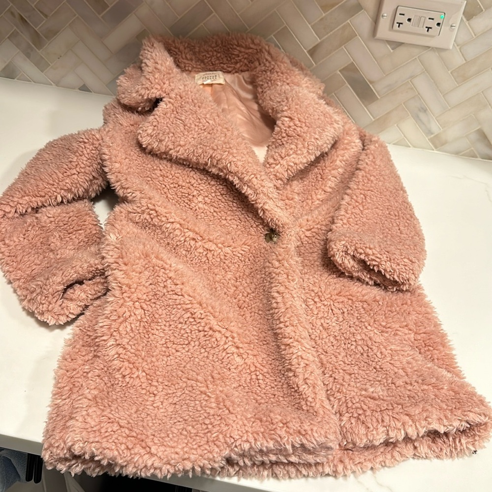 Darling Hannah Banana sz 6x pink faux fur pea coat dressy or for fun!